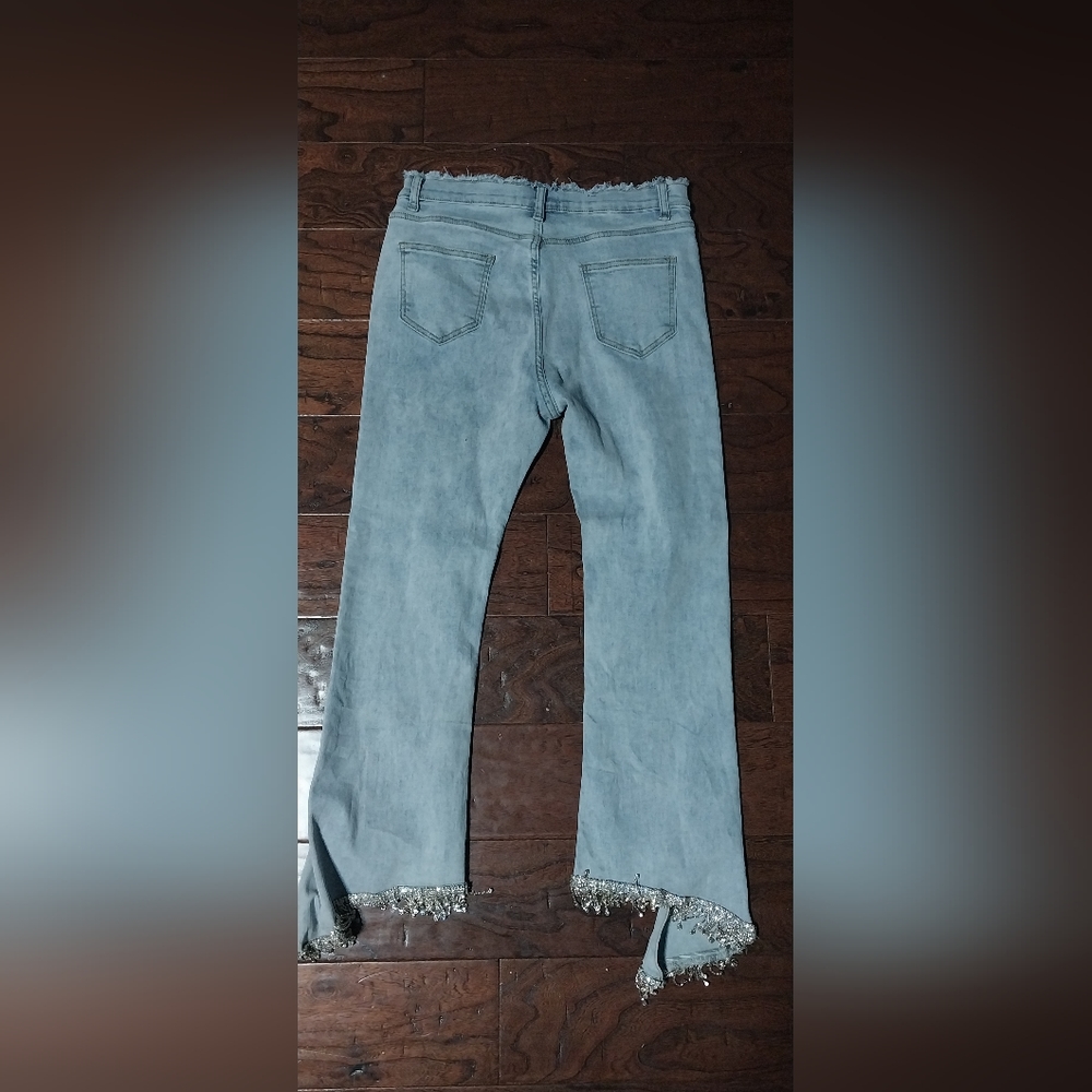 BLUE B RHINESTONE UNEVEN FRINGE HEM DENIM BLUE JEANS- L (31) - Picture 5 of 11